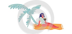 People at beach. Cartoon woman lie on sand under palm tree. Female in swimwear and sunglasses hold tropical cocktail