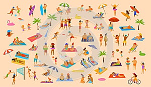 People on the beach fun graphic collection. man woman, couples kids, young and old enjoy summer vacation