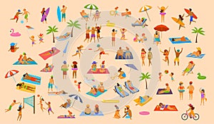 People on the beach fun graphic collection. man woman, couples kids, young and old enjoy summer vacation photo