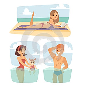 People on beach outdoors, summer lifestyle sunlight fun vacation happy time cartoon characters vector illustration.