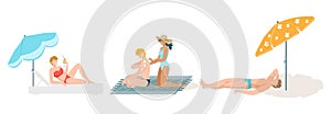 People on beach sunbathing set, summer vacation at sea cartoon isolated on white vector illustration.