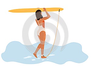 People at beach. Surfer in bikini carrying surfboard. Cartoon character doing summer activities. Woman surfing and