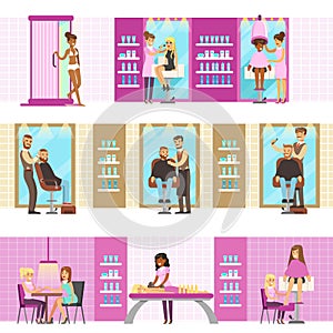 People In Beauty Salon Enjoying Hair And Skincare Treatments And Cosmetic Procedures With Professional Cosmetologists