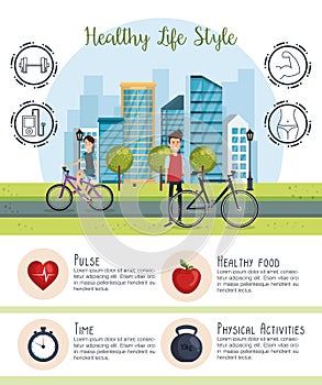 People in bicycle with healthy lifestyle icons