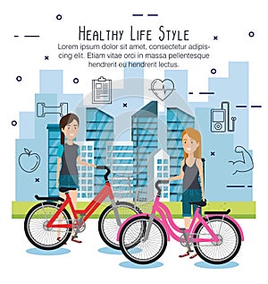 People in bicycle with healthy lifestyle icons