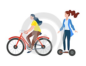 People on Bicycle and Segway, Sporty Woman Vector