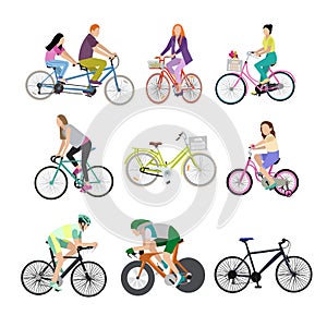 People on bicycles, white background.