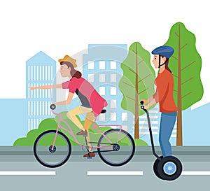 People on bike and segway vector design