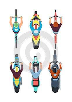 People on bike top view. Persons ride motorcycle, scooter and bicycle in overhead view. Vector set