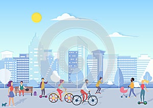 People with bikecycles, hoverboards, babies walking and relaxing in urban city square street with modern city skyline on