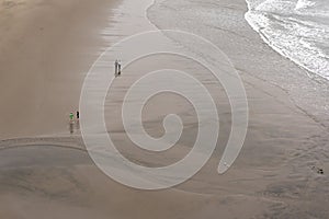 People and birds in pairs on a beach