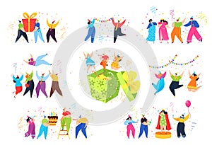 People on birthday party vector illustrations, cartoon flat happy tiny characters celebrating anniversary day, dancing