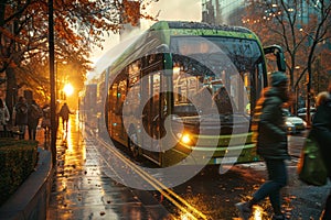 People boarding a zero-emission bus in a modern, clean, and green city public transport hub. AI generated.