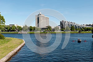 The people in a boat on The Little Nevka River. St Petersburg. Russia