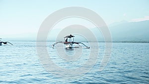 People on a boat sail behind the Stenellalongirostris family of dolphins that jump out of the water in the open, clear sea on the