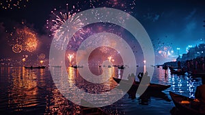 people boating for watching fire works on in the night sky