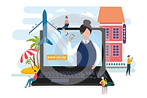 People Booking Flight Travel Tickets Online, Conceptual Illustration Background