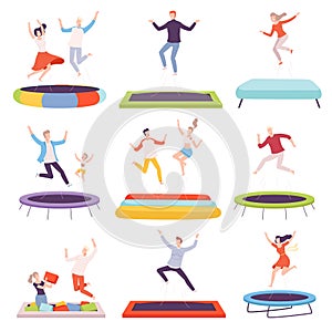 People Bouncing on Trampoline, Happy Men, Women and Kids Having Fun Together, Active Healthy Lifestyle Flat Style Vector