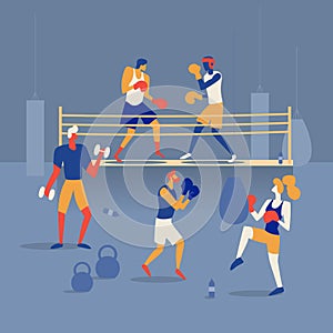 People are boxing on the ring, training in the gym with a boxing bag and barbells. Vector Illustration