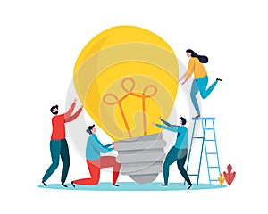 People Brainstorming for new idea, creative business ideas with a light bulbs. Business solution concept. Flat cartoon vector