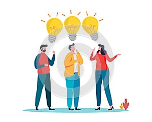 People Brainstorming for new idea, creative business ideas with a light bulbs. Business solution concept. Flat cartoon vector