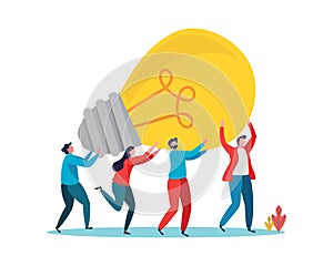 People Brainstorming for new idea, creative business ideas with a light bulbs. Business solution concept. Flat cartoon vector