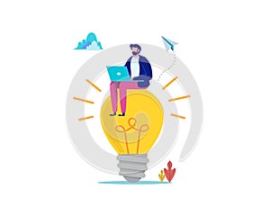 People Brainstorming for new idea, creative business ideas with a light bulbs. Business solution concept. Flat cartoon vector