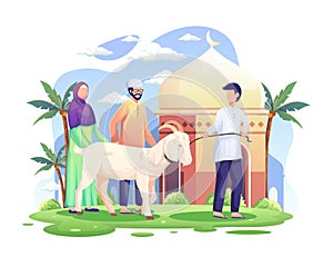 People bring a goat for qurban or sacrifice in Eid Al Adha Mubarak. vector illustration photo