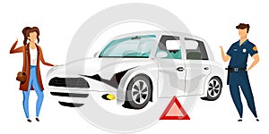 People by broken car flat color vector faceless characters