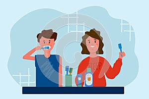 People Brushing their teeth. A man and a woman clean their teeth and mouth in the morning and evening. Toothpaste, mouthwash,