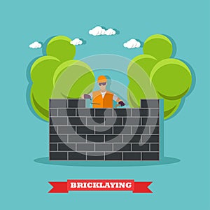 People build bricks wall. Construction site concept vector banner.