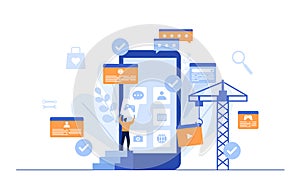 People Build Mobile App Development Process Flat Design Illustration