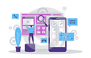 People Build Mobile App Development Process Flat Design Illustration