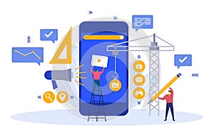 People Build Mobile App Development Process Flat Design Illustration