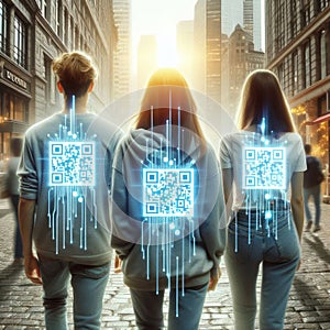 People with a built-in digital quarcode number walk through the city. Control using technologies