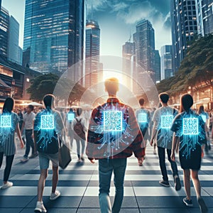 People with a built-in digital quarcode number walk through the city. Control using technologies