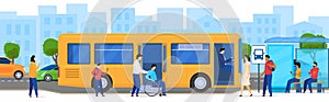 People at bus stop, disabled passenger in wheelchair, vector illustration