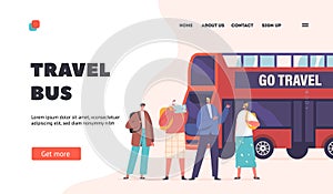 People in Bus Trip Landing Page Template. Tourists Travel, Shoot Photo, Enjoy Sightseeing. Characters Near Double Decker