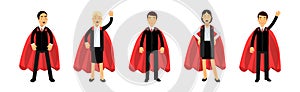 People Business Characters in Formal Suit and Red Capes in Different Poses Vector Illustration Set