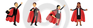 People Business Characters in Formal Suit and Red Capes in Different Poses Vector Illustration Set