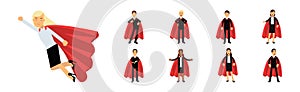 People Business Characters in Formal Suit and Red Capes in Different Poses Vector Illustration Set