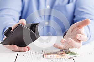 people, business, finances and money concept - close up of businessman hands holding open wallet with euro cash