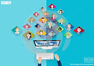 People Business team work Technology Communication across world modern Idea and Concept Vector illustration with Tablet .