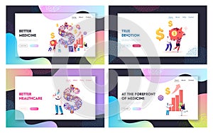 People Buy Remedy, Counting Medicine Prices in Pharmacy Landing Page Template Set. Tiny Male Female Characters