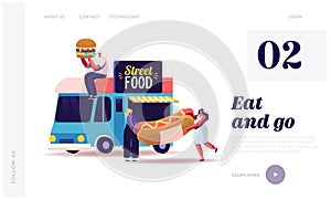 People Buy Street Food Landing Page Template. Takeaway Junk Meals from Truck. Characters with Burger and Hot Dog