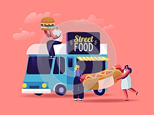 People Buy Street Food, Takeaway Junk Meals from Wheeled Cafe or Food Truck. Tiny Characters with Huge Burger or Hot Dog