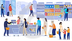 People buying food in supermarket, line at cash desk, grocery store customers, vector illustration