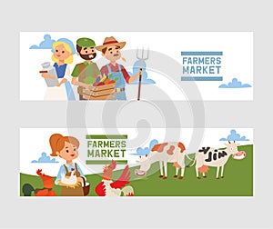 People buying fresh local vegetable from farm market vector banner illustration. Milk farm shop flyer. Business people