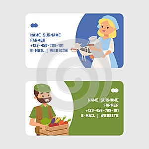 People buying fresh local vegetable from farm market vector card illustration. Milk farm shop flyer. Business people raw