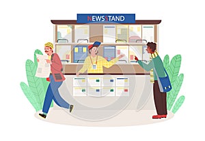 People buying newspapers in newsstand flat cartoon vector illustration isolated.